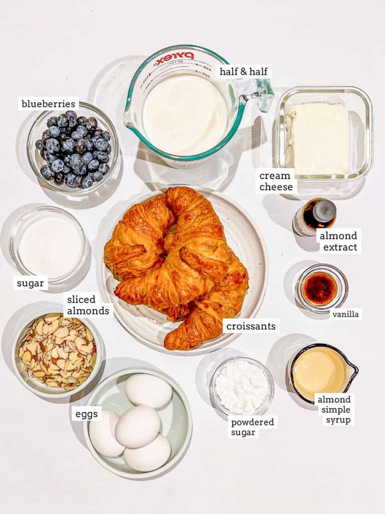 Ingredients for Blueberry Cheesecake Croissant French Toast Bake.